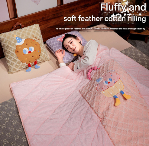 Khaki Thick Fleece Cartoon Cookie Pillow Blanket 2-in-1 for Winter Car and Office Use – product detail