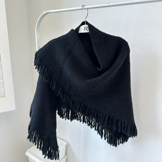 Black Versatile Fringed Faux Wool Triangle Shawl