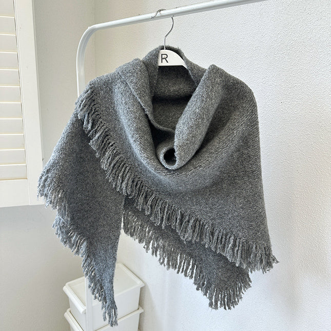 Grey Versatile Fringed Faux Wool Triangle Shawl