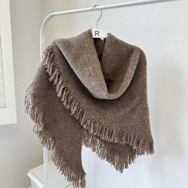 Coffee Versatile Fringed Faux Wool Triangle Shawl