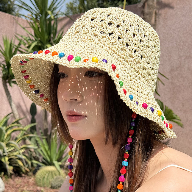 Beige Colorful Wooden Bead Straw Hat for Women