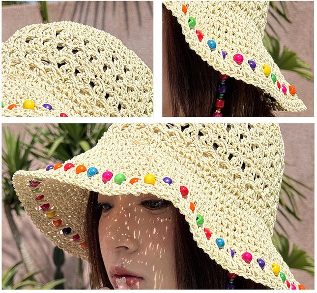 Beige Colorful Wooden Bead Straw Hat for Women – product detail