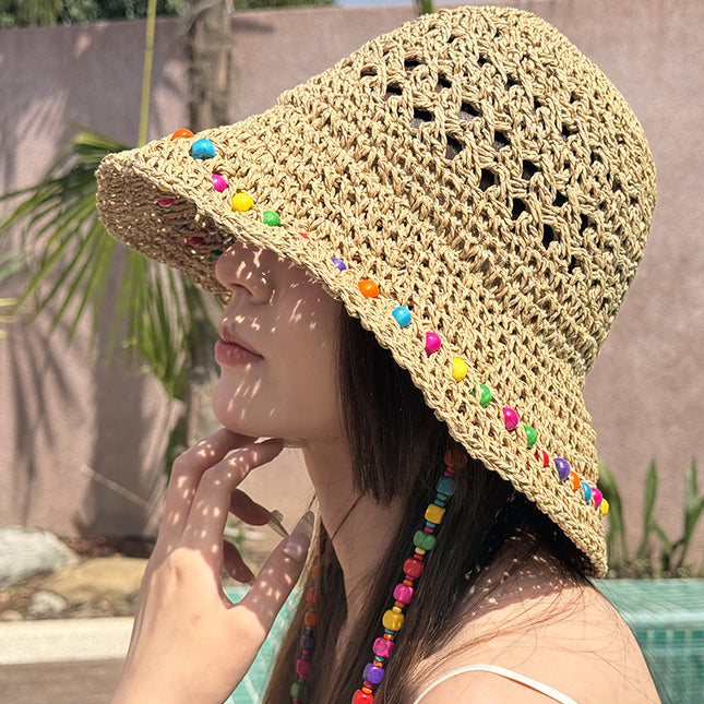 Khaki Colorful Wooden Bead Straw Hat for Women