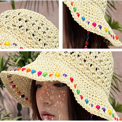 Khaki Colorful Wooden Bead Straw Hat for Women - Large Brim Sun Protection