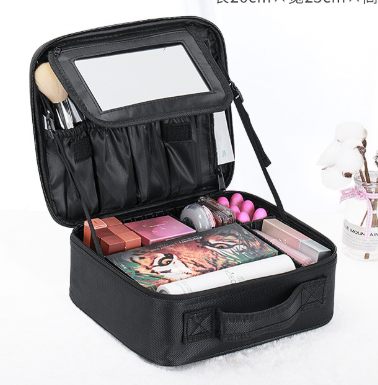 Black Oxford Fabric Makeup Case with Mirror and Partitions