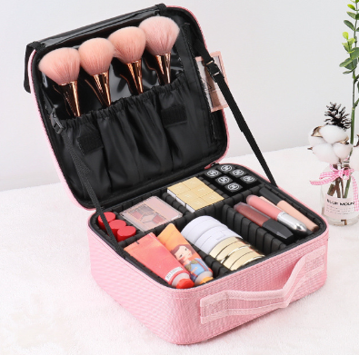 Pink Oxford Fabric Makeup Case with Mirror and Partitions