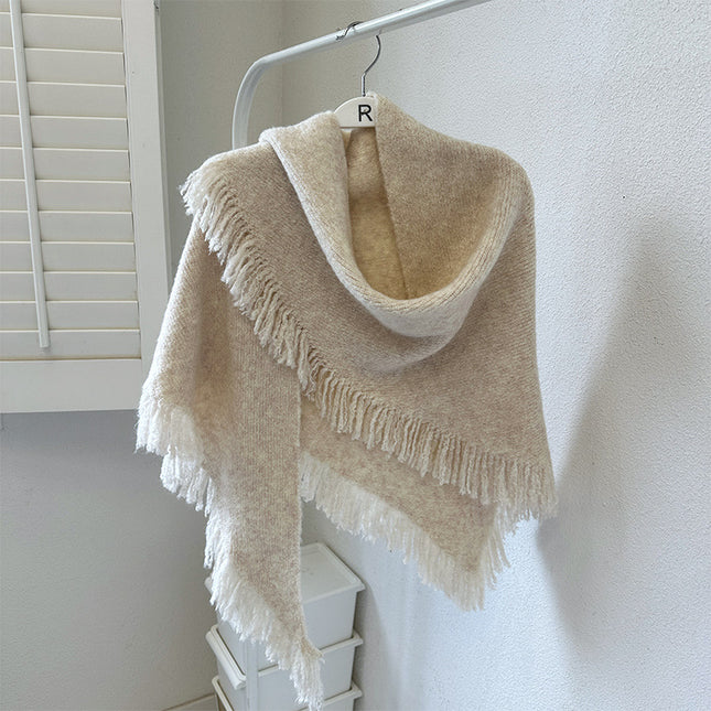 Beige Versatile Fringed Faux Wool Triangle Shawl