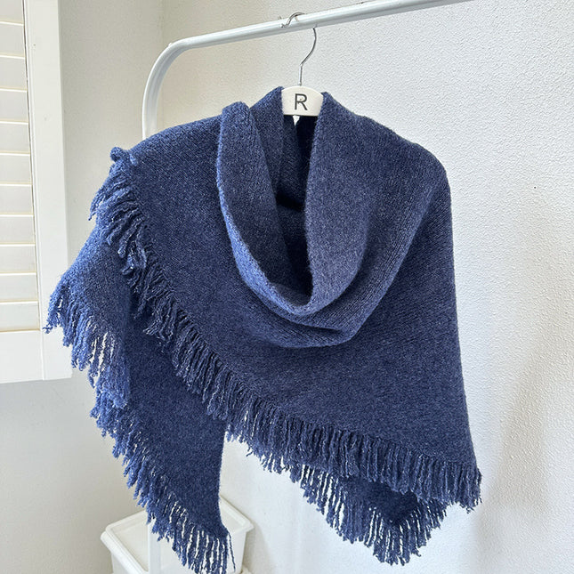 Navy Blue Versatile Fringed Faux Wool Triangle Shawl