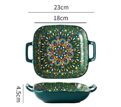 Emerald Plume 9-Inch Bohemian Ceramic Double-Handled Square Plate V888-ELOSUNG28729