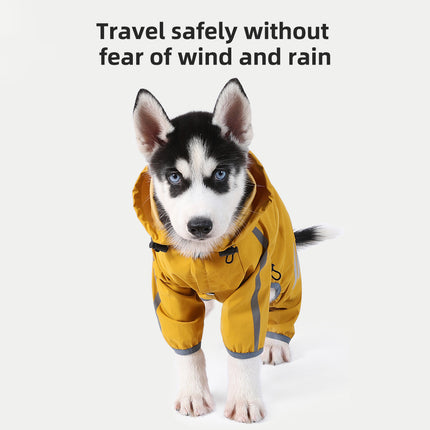 S Bright Yellow And Gray Trim Waterproof Four-Legged Dog Raincoat with Leash Hole for Small Breeds