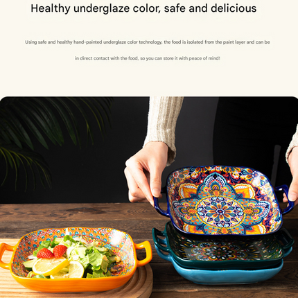 Green Gullicent 9-Inch Bohemian Ceramic Double-Handled Square Plate