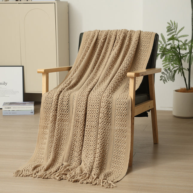 Khaki Hollow Knitted Sofa Blanket with Tassels 120 x 165 cm 510g Ideal for Hotel and Home