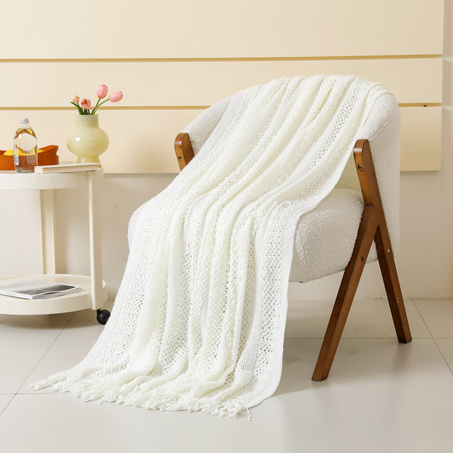 White Hollow Knitted Sofa Blanket with Tassels 120 x 165 cm 510g Ideal for Hotel and Home