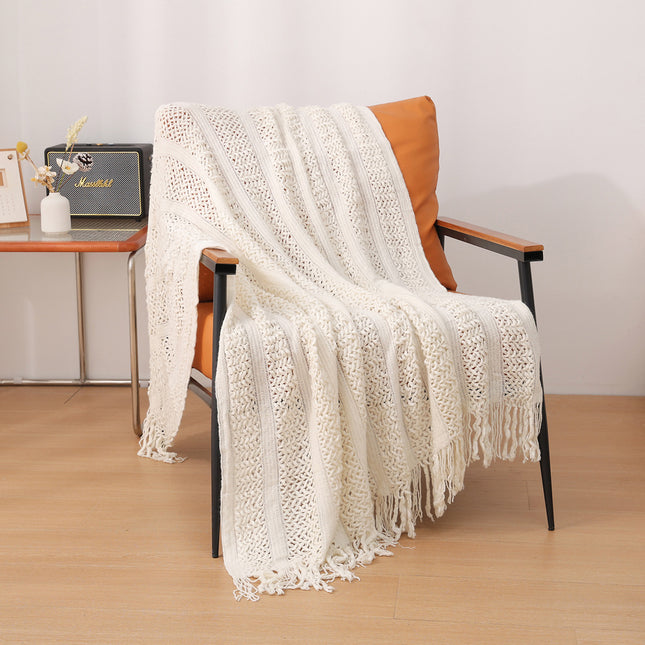 Beige Hollow Knitted Sofa Blanket with Tassels 120 x 165 cm 510g Ideal for Hotel and Home