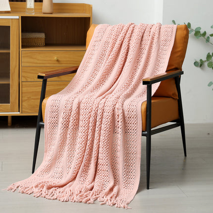 Pink Hollow Knitted Sofa Blanket with Tassels 120 x 165 cm 510g Ideal for Hotel and Home