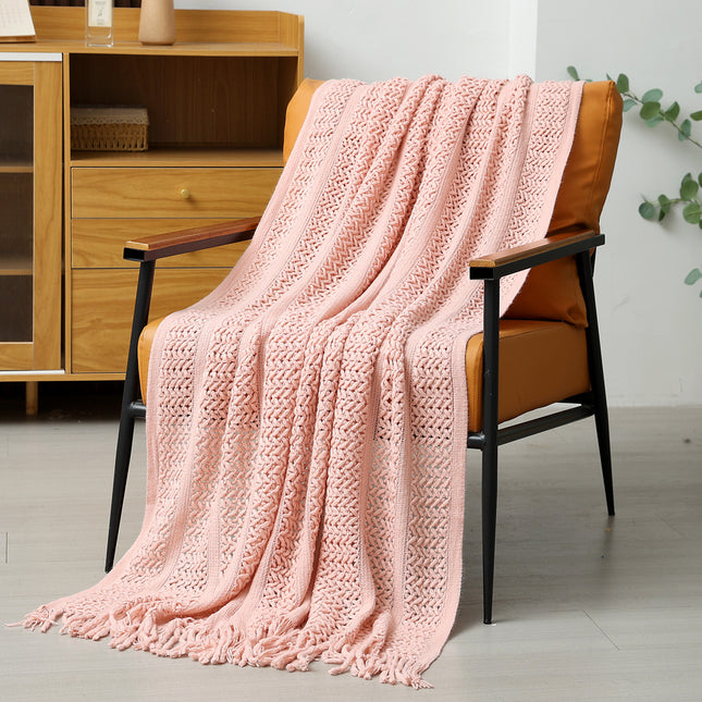 Pink Hollow Knitted Sofa Blanket with Tassels 120 x 165 cm 510g Ideal for Hotel and Home