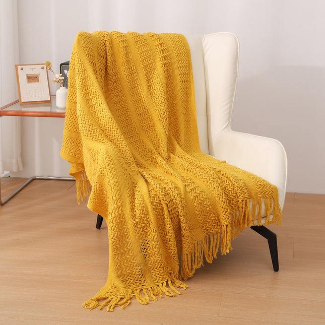 Yellow Hollow Knitted Sofa Blanket with Tassels 120 x 165 cm 510g Ideal for Hotel and Home