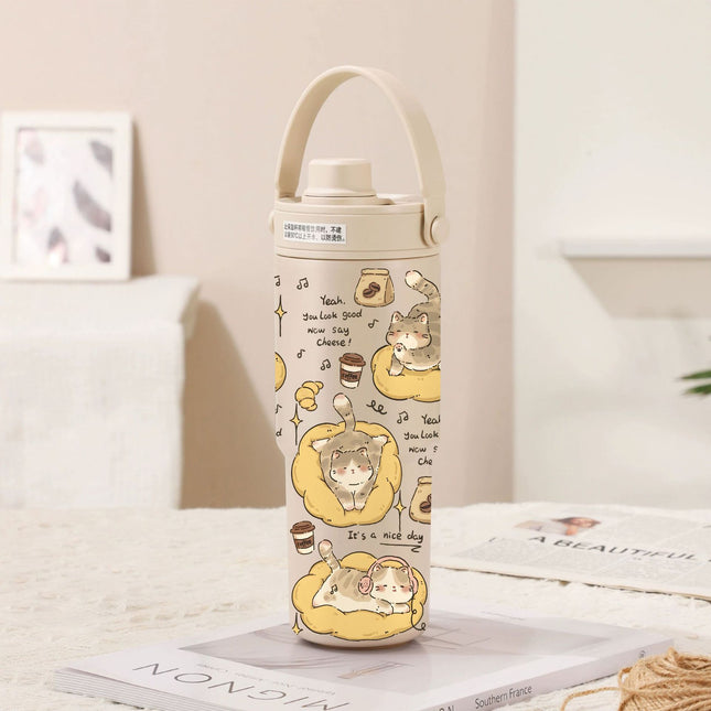 Light Cream Coffee-Lazy Kitten 30oz Ceramic-Lined Insulated Tumbler with Handle 735ml Stainless Steel