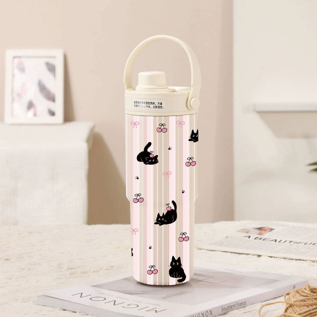 White-Line Black Cat 30oz Ceramic-Lined Insulated Tumbler with Handle 735ml Stainless Steel Travel Mug