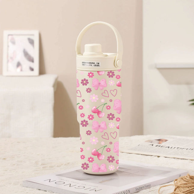 White-Line Cherry Bow 30oz Ceramic-Lined Insulated Tumbler with Handle 735ml Stainless Steel Travel Mug