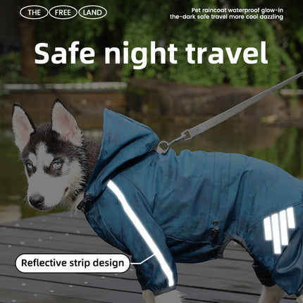 S Blue And Gray Trim Waterproof Four-Legged Dog Raincoat with Leash Hole for Small Breeds