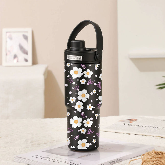 Twilight Black-White Flowers 30oz Ceramic-Lined Insulated Tumbler with Handle 735ml Stainless Steel Travel