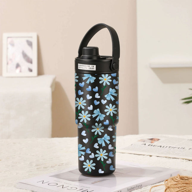 Twilight Black-Bow Tie Blue Flower 30oz Ceramic-Lined Insulated Tumbler with Handle 735ml Stainless Steel