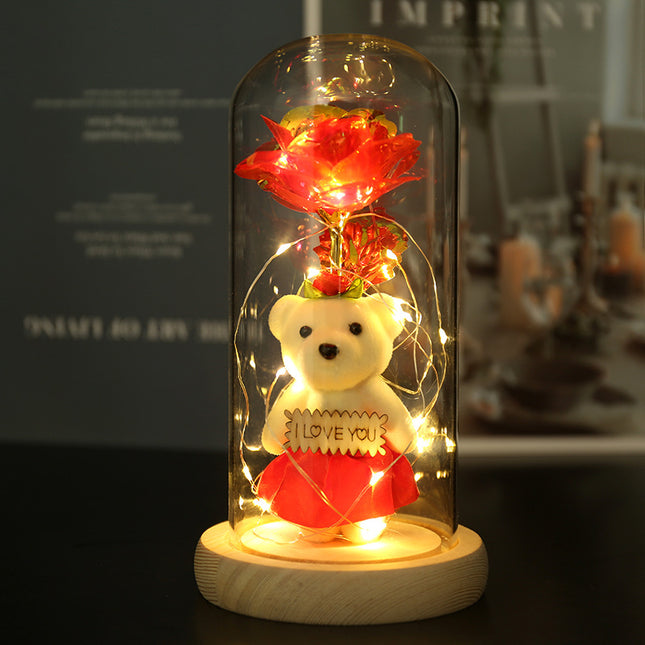 Enchanted Rose & Teddy Bear in Glass Dome with LED Lights