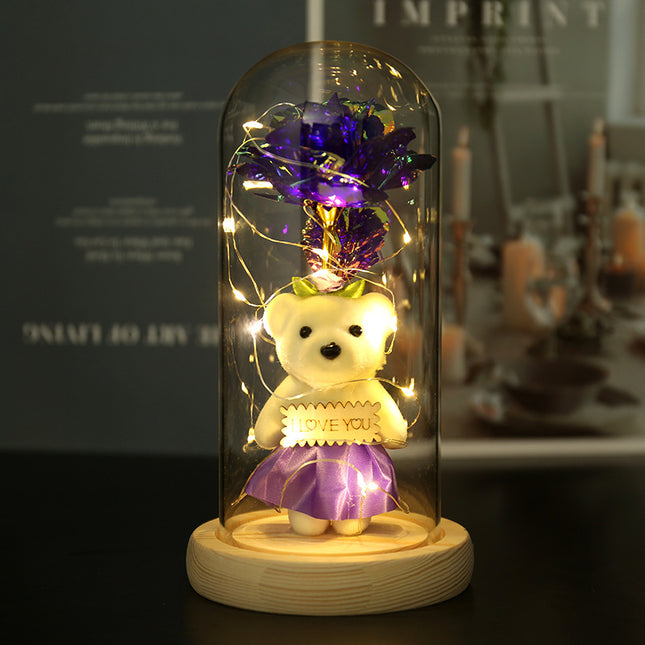 Enchanted Rose & Teddy Bear in Glass Dome with LED Lights