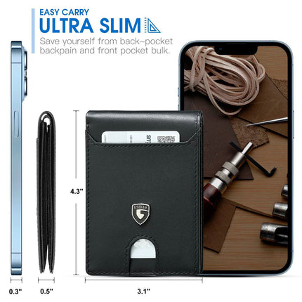 Men's Slim Leather Bifold Wallet - RFID Blocking, 11 Card Slots, ID Window(Twill black and red)