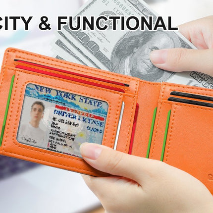 Men's Slim Leather Bifold Wallet - RFID Blocking, 11 Card Slots, ID Window(Carbon Yellow)
