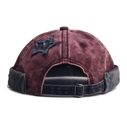 Vintage Washed Cotton Docker Cap - Unisex Brimless Beanie Hat with Star Patch(Khaki)