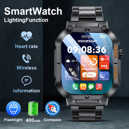 Smartwatch with Flashlight, Compass & Wireless Calling - Health & Fitness Tracker(Black silicone with silver case)