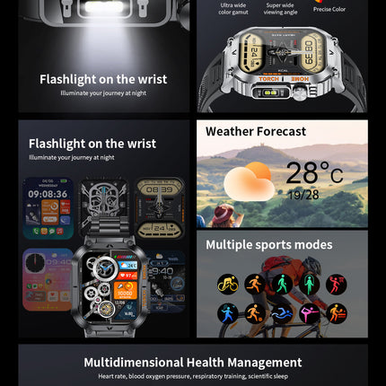 Smartwatch with Flashlight, Compass & Wireless Calling - Health & Fitness Tracker(Black case with black steel + black silicone)