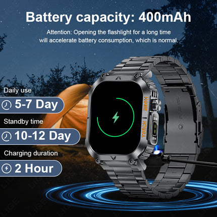 Smartwatch with Flashlight, Compass & Wireless Calling - Health & Fitness Tracker(Silver case with silver steel + black silicone)