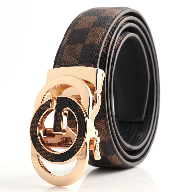 Luxury Designer Style PU Leather Belt Automatic Buckle(G leather coffee ribbon Plus gold buckle)