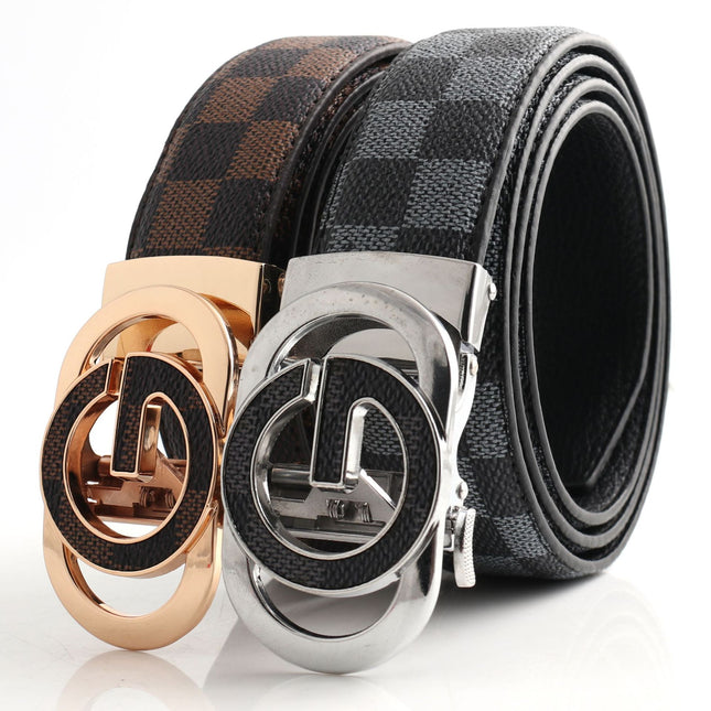 Luxury Designer Style PU Leather Belt Automatic Buckle(G leather coffee ribbon Plus gold buckle) – product detail