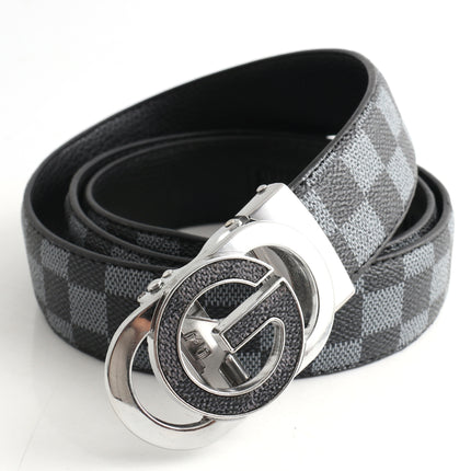 Luxury Designer Style PU Leather Belt,Automatic Buckle(G-patterned black-gray belt + silver buckle)