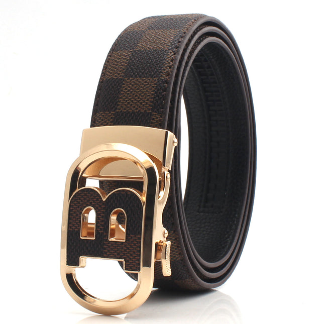 Luxury Designer Style PU Leather Belt Automatic Buckle(B-patterned coffee-colored belt Plus gold buckle)