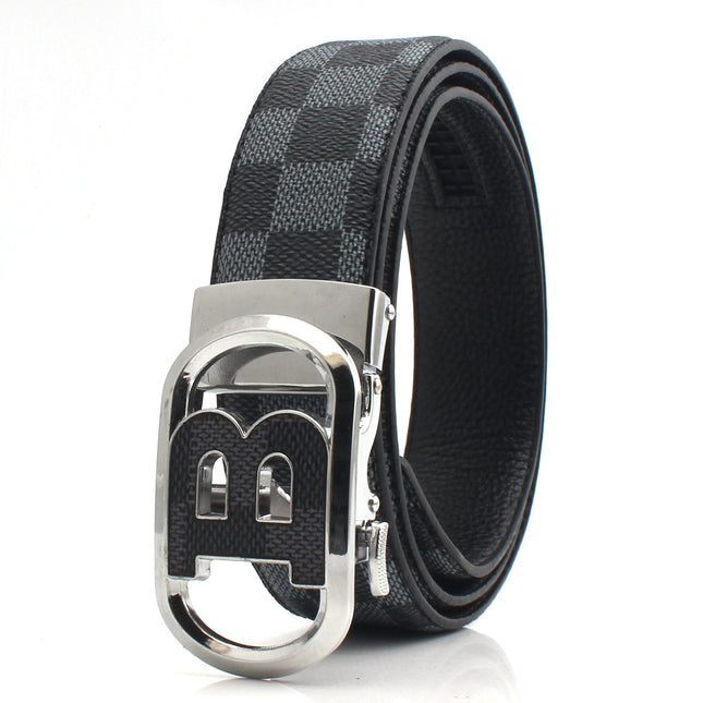 Luxury Designer Style PU Leather Belt Automatic Buckle(B-patterned black-gray belt Plus silver buckle