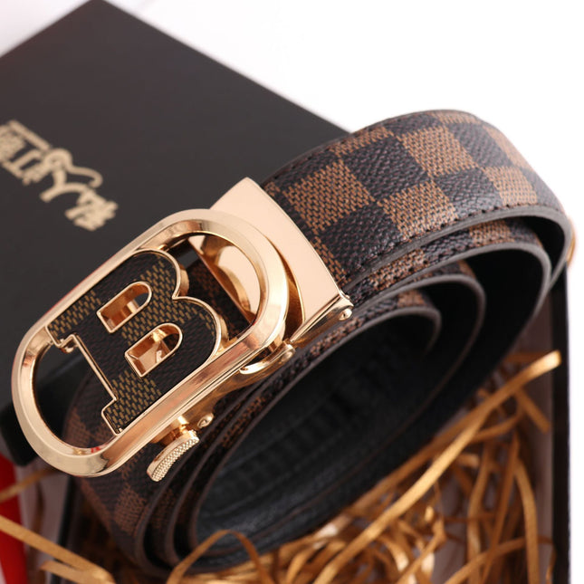 Luxury Designer Style PU Leather Belt Automatic Buckle(B-patterned black-gray belt Plus silver buckle – product detail