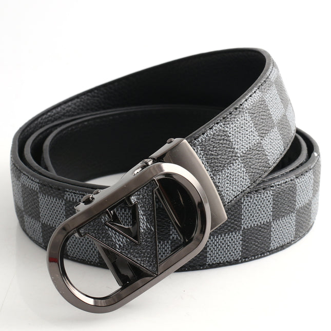 Luxury Designer Style PU Leather Belt Automatic Buckle(V-patterned black-gray belt Plus gray buckle)