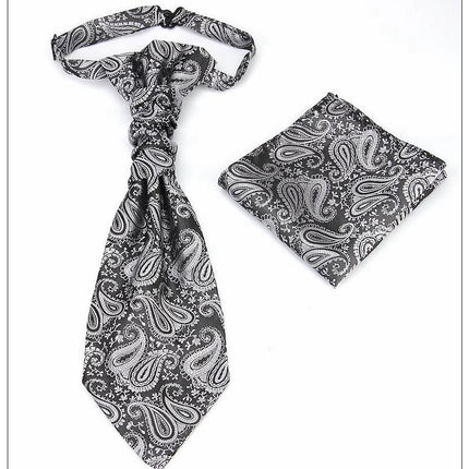 Men's Formal Paisley Ascot Cravat & Pocket Square Set - Adjustable Necktie for Weddings(Dark Gray pattern)