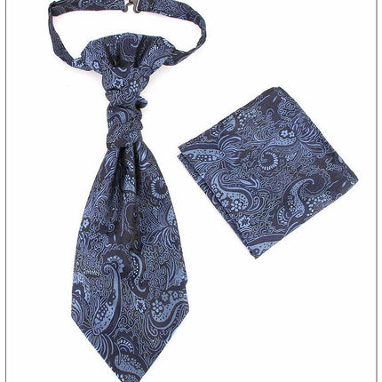 Men's Formal Paisley Ascot Cravat & Pocket Square Set - Adjustable Necktie for Weddings(Deep Blue  pattern)