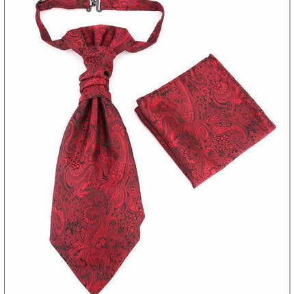 Men's Formal Paisley Ascot Cravat & Pocket Square Set - Adjustable Necktie for Weddings(Red pattern)