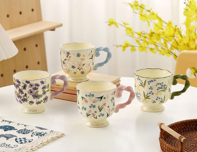 Elegant Ceramic Mug with Sculpted Handle 400ml Vintage Inspired Pedestal Design(Matcha Green) – product detail