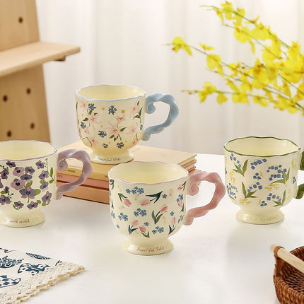 Elegant Ceramic Mug with Sculpted Handle,400ml Vintage Inspired Pedestal Design(Rose pink)