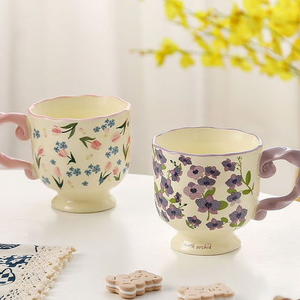 Elegant Ceramic Mug with Sculpted Handle,400ml Vintage Inspired Pedestal Design(Rose pink)
