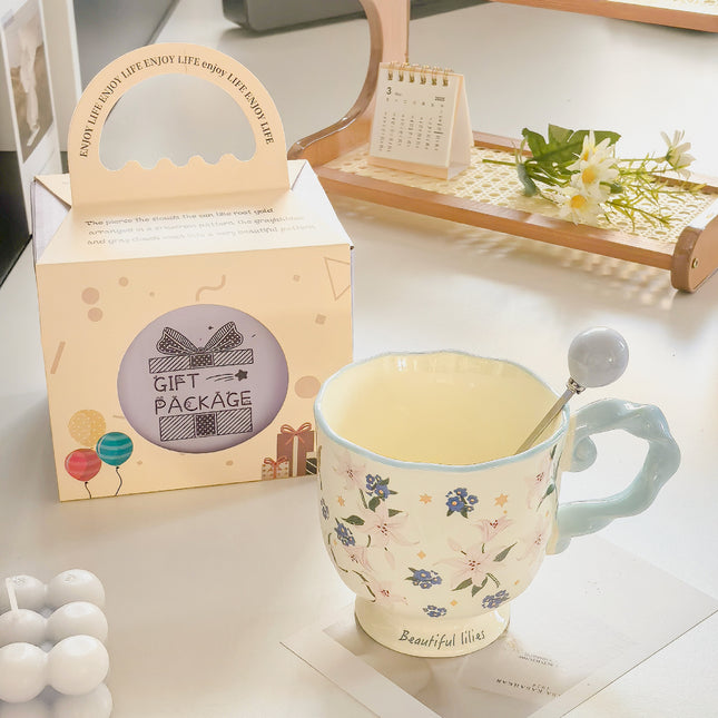 Elegant Ceramic Mug with Sculpted Handle 400ml Vintage Inspired Pedestal Design(Blue) V888-ELOSUNG29115