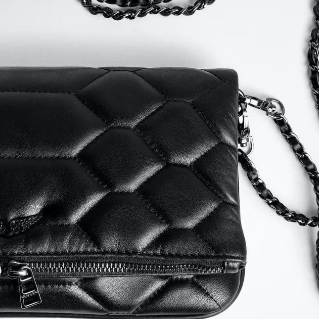 Chic Quilted Leather Crossbody Bag with Chain Strap & Tassel Detail(Pure black) – product detail